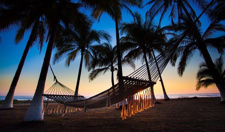 Hammock under silhouetted palm trees at sunset